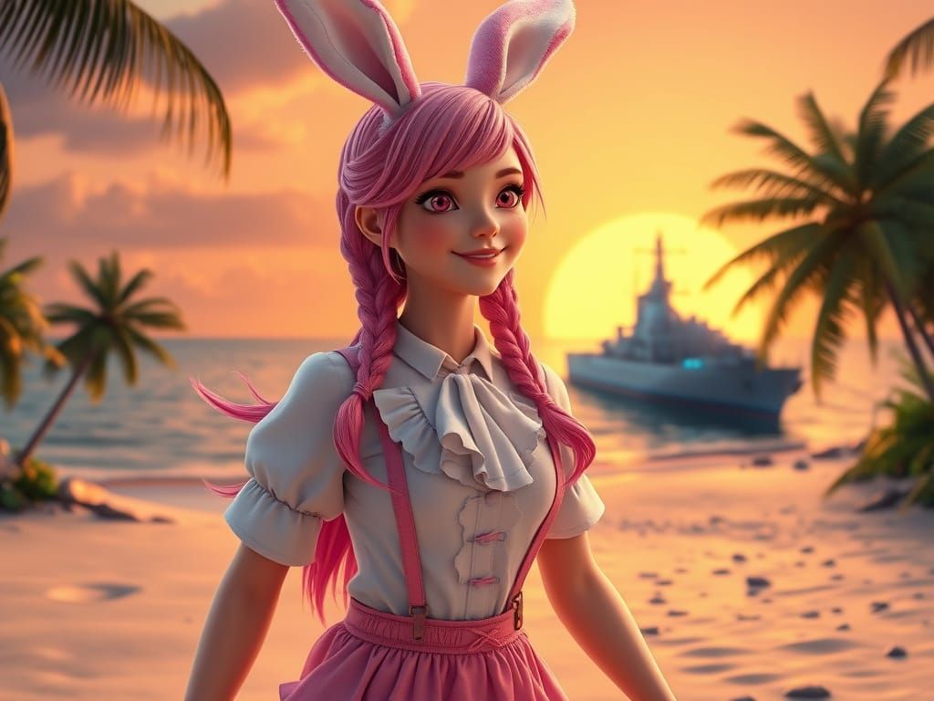 Pink-Haired Lady on Tropical Beach, 3D Digital Art
