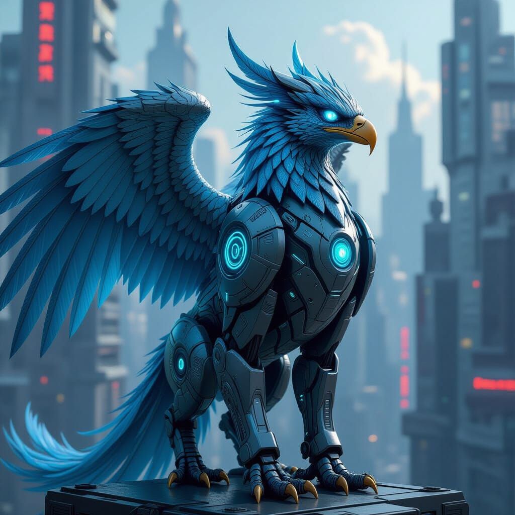 Futuristic Robotic Griffin in Cyberpunk Cityscape