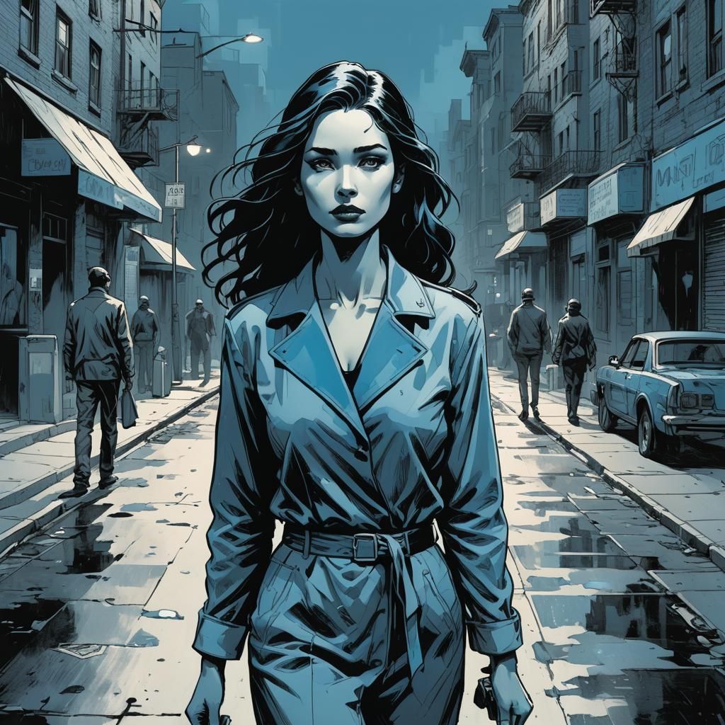 Sad Lady in Blue: Comic Noir Portrait