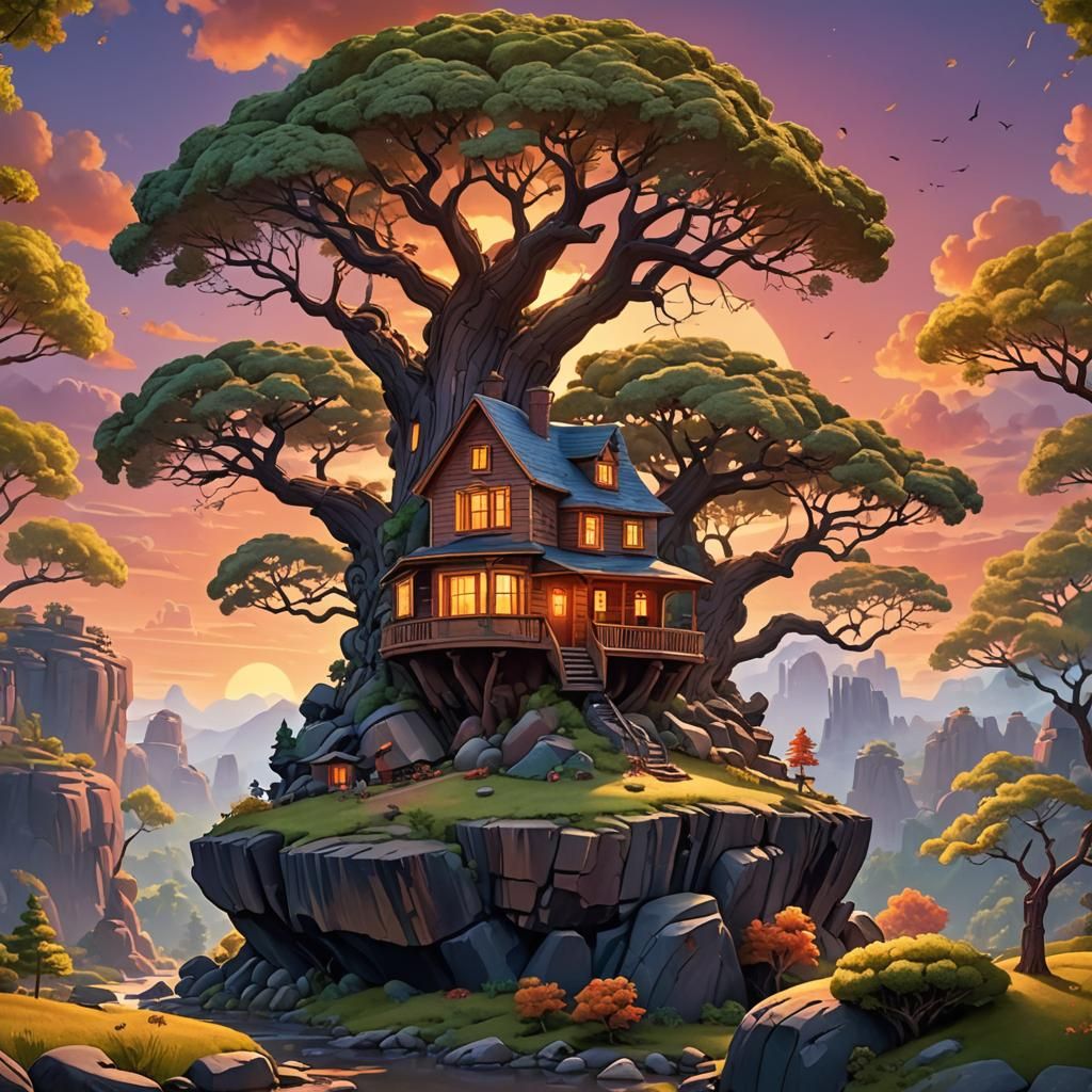 House on a Rock in Giant Tree, Pixar Style