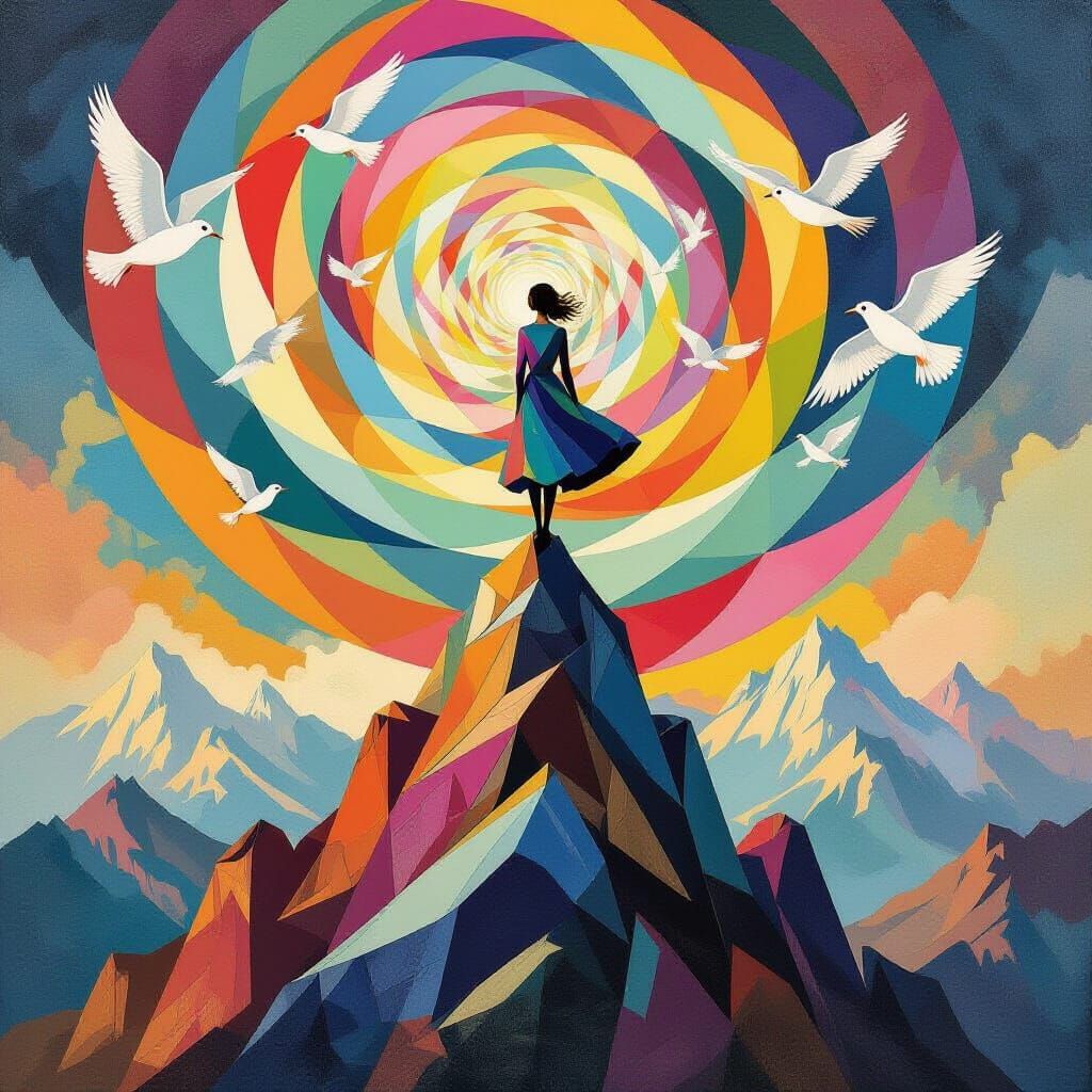 Girl on Fractured Mountain Peak in Geometric Fauvist Style