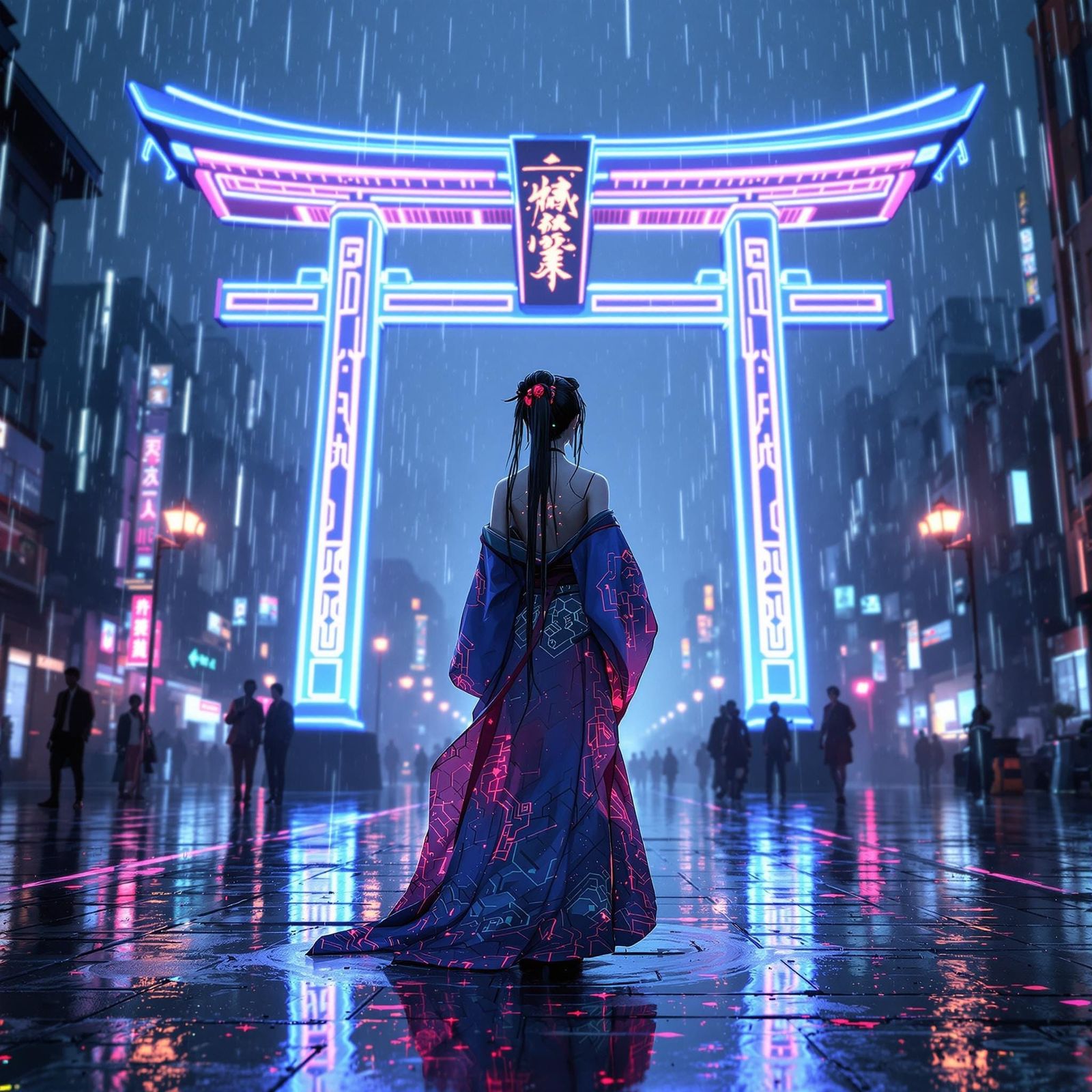 Cyberpunk Shrine Maiden in Rainy Neon City