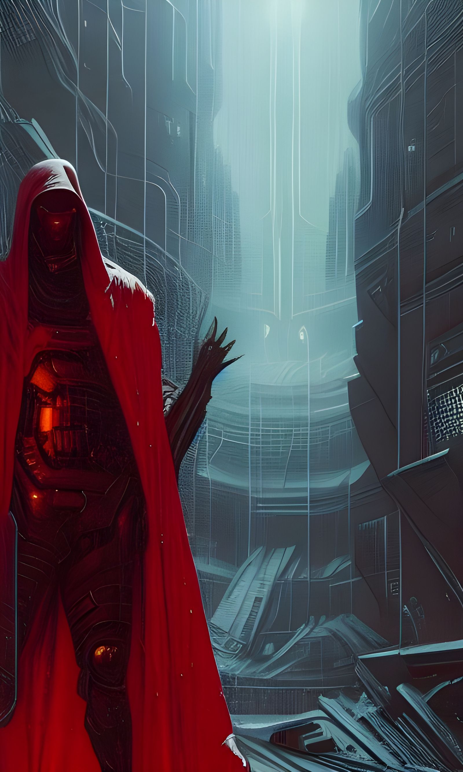 Cyberpunk Figure in Red Cloak, Detailed Digital Art