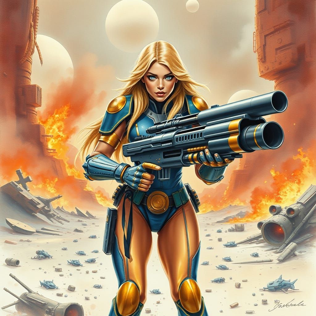 Confident Woman in Power Armor, Watercolor Painting