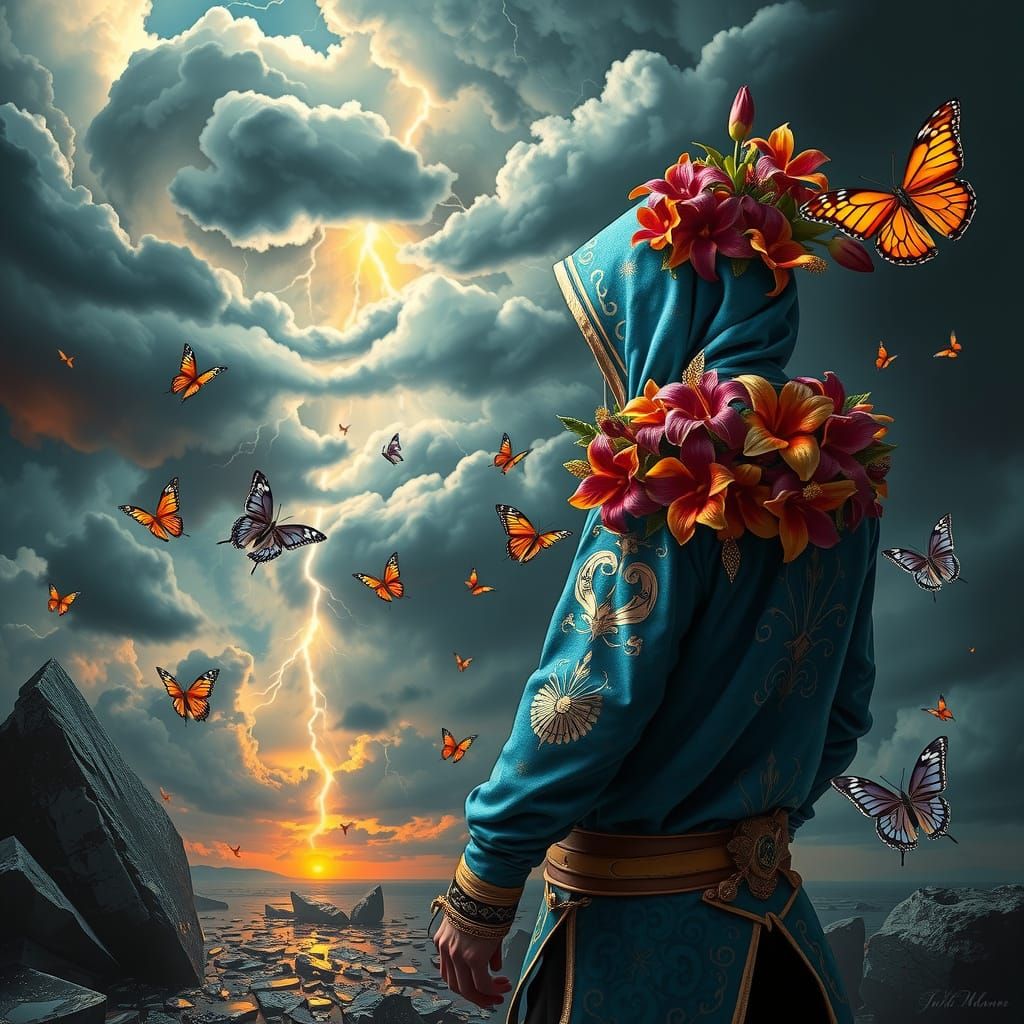 Surreal Ink Warrior in Victorian-Era Postmodern Style with T...