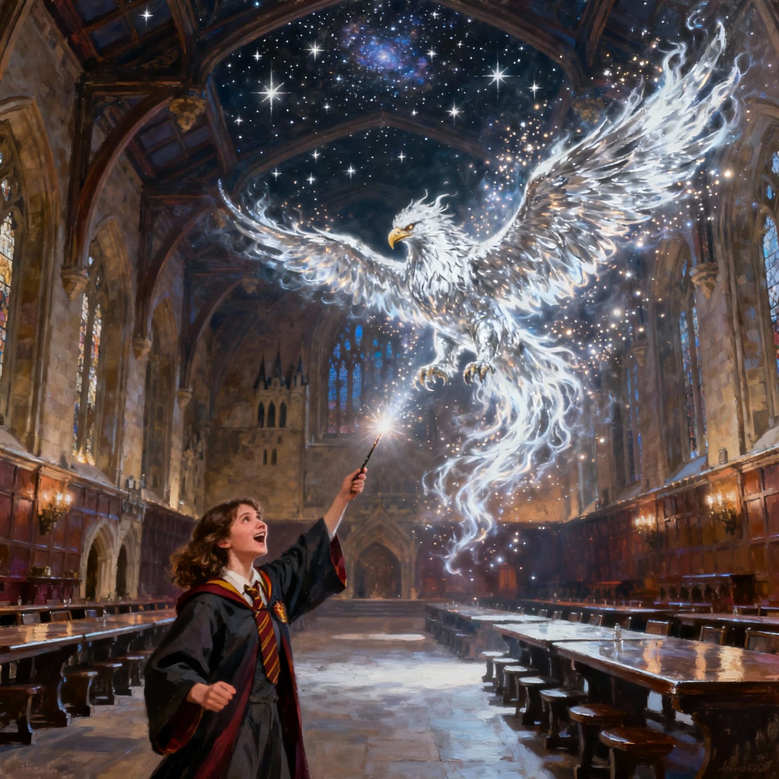 Gryffindor Witch Summons Eagle Patronus in Hogwarts