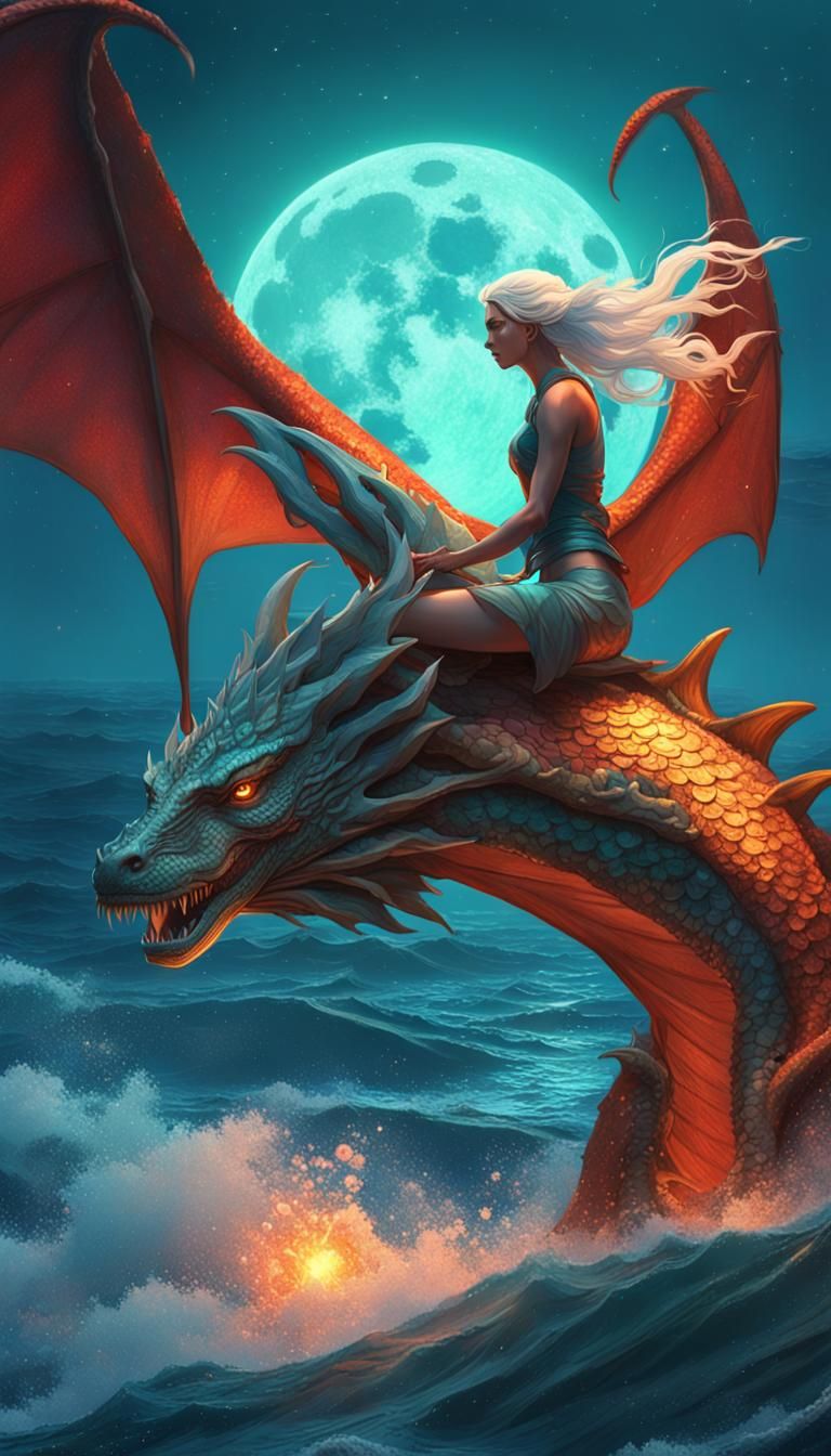 Mermaid on Dragon, Moonlit Ocean, Hyperdetailed Art