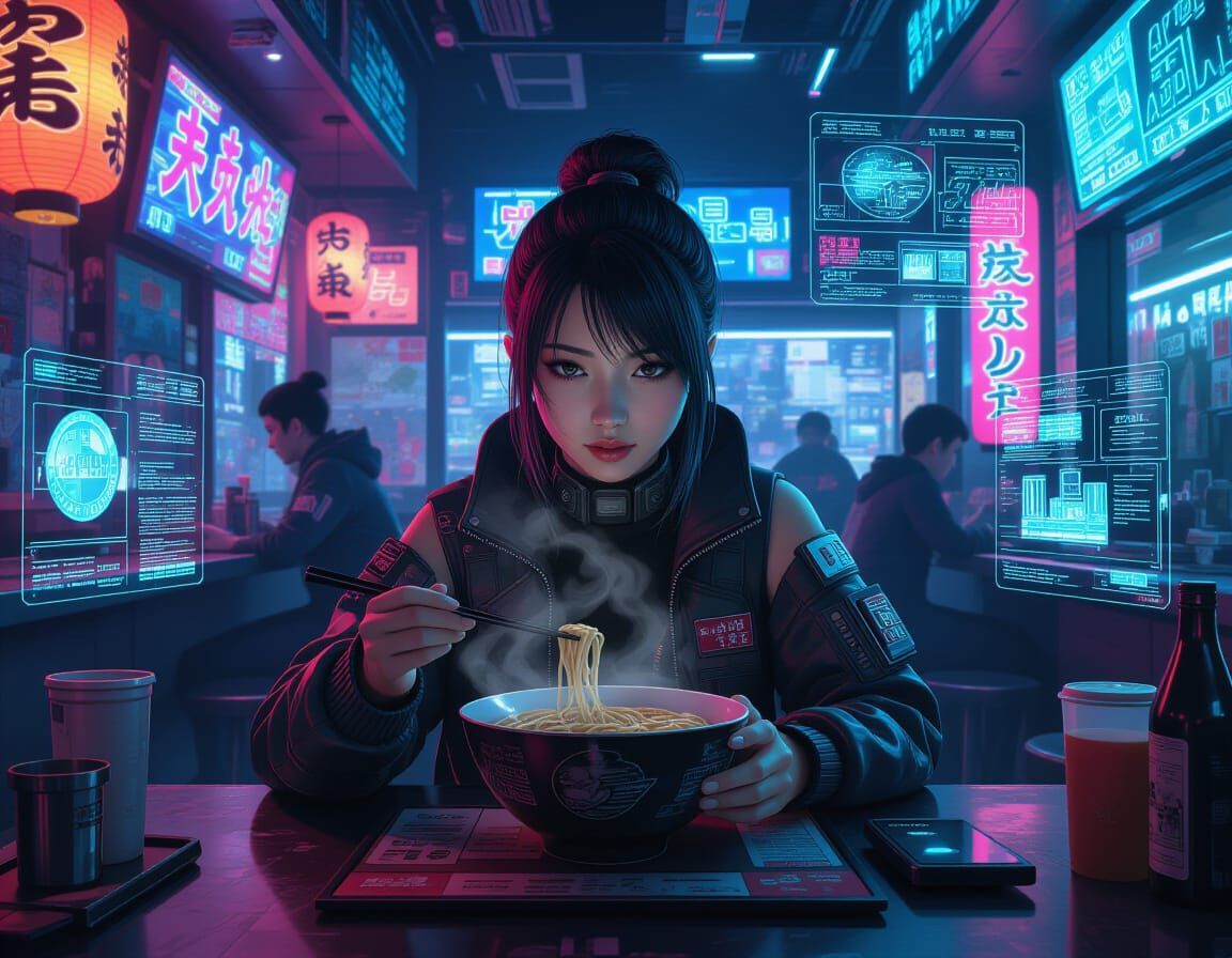 Cyberpunk Japanese Woman in Noodle Bar