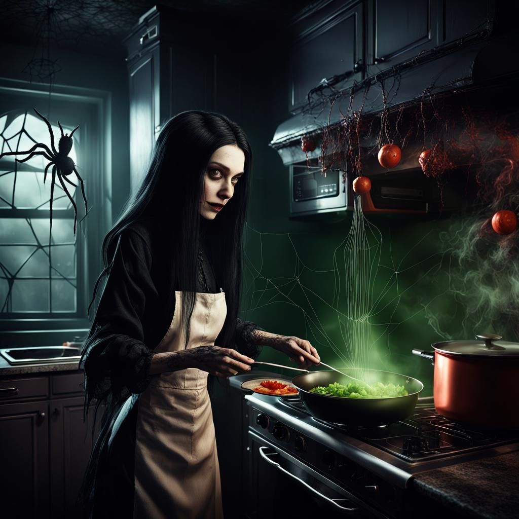 Gothic Vampire Cooks Stew in Spooky Kitchen