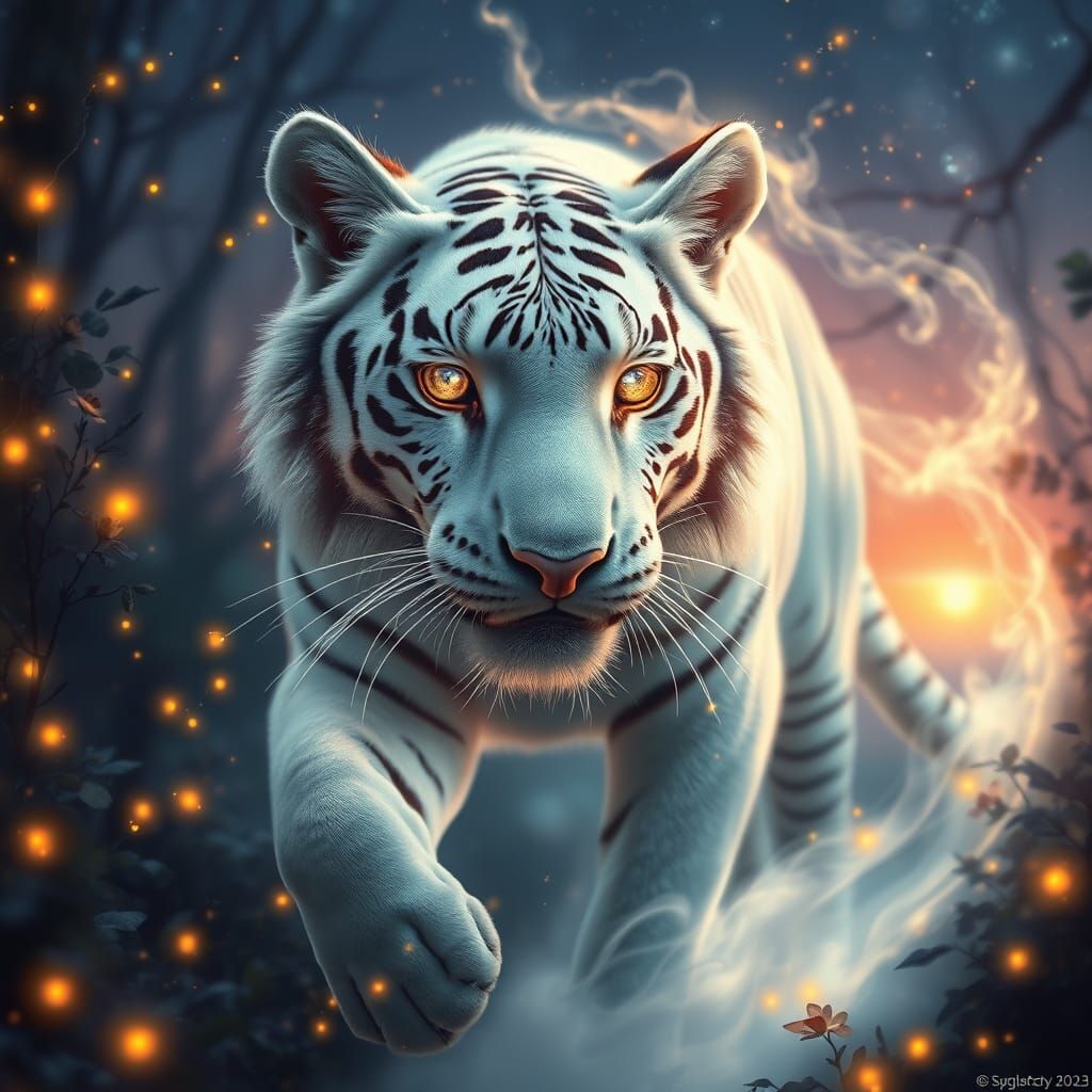 Luminous White Tiger Emerges from Cosmic Forest