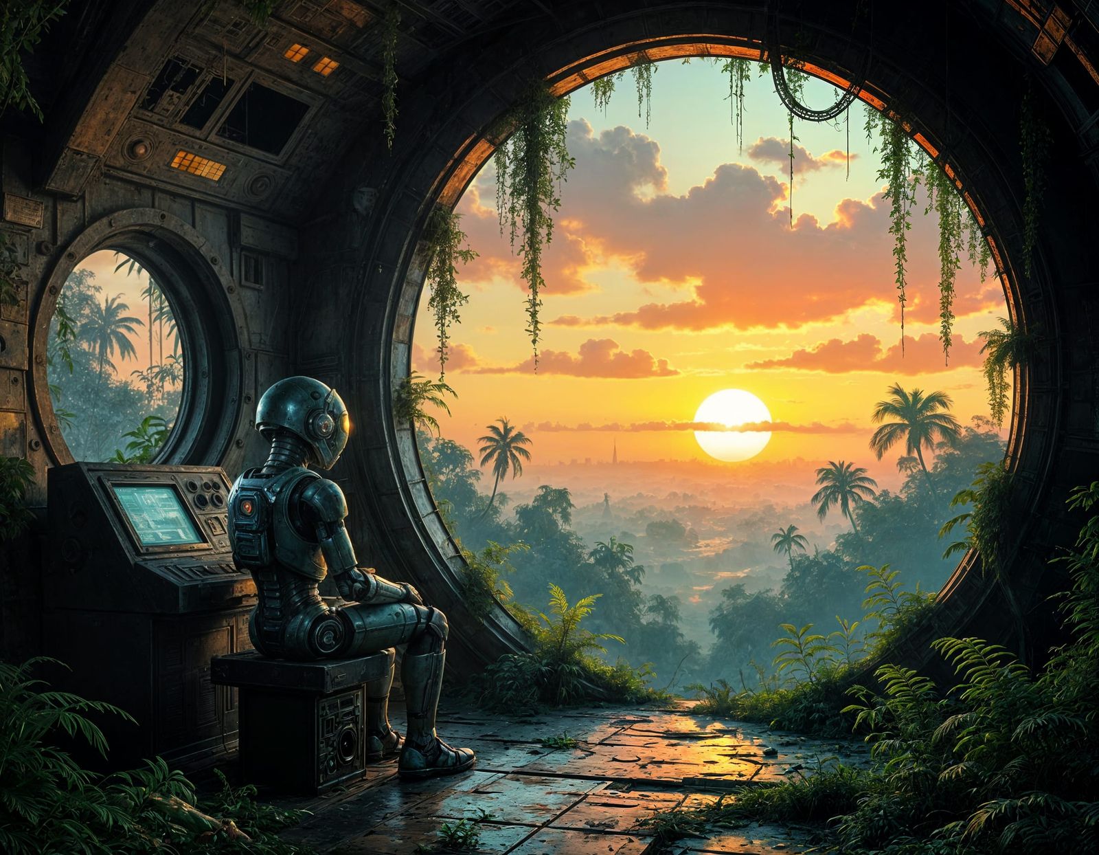 Overgrown Space Station with Android at Binary Sunset