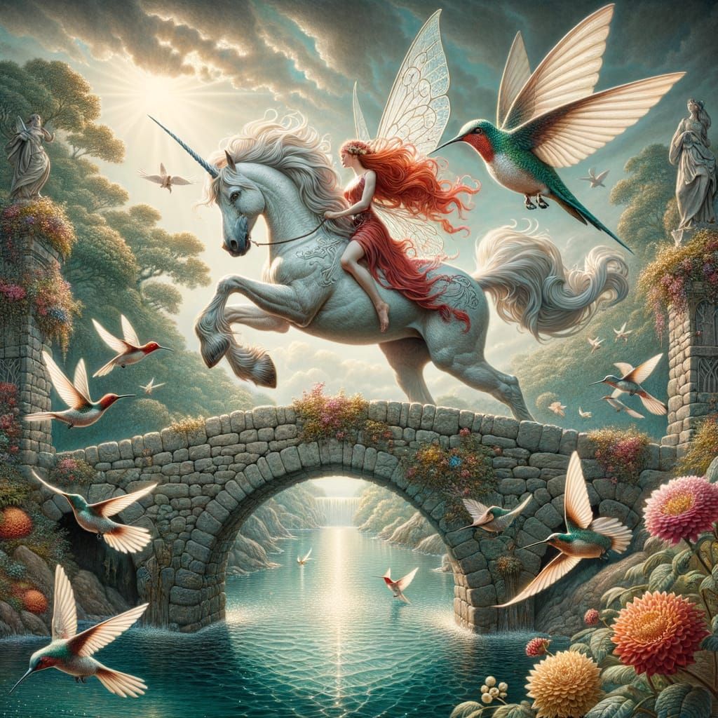 Beautiful Redheaded Fairy Rides Unicorn Across Stone Bridge