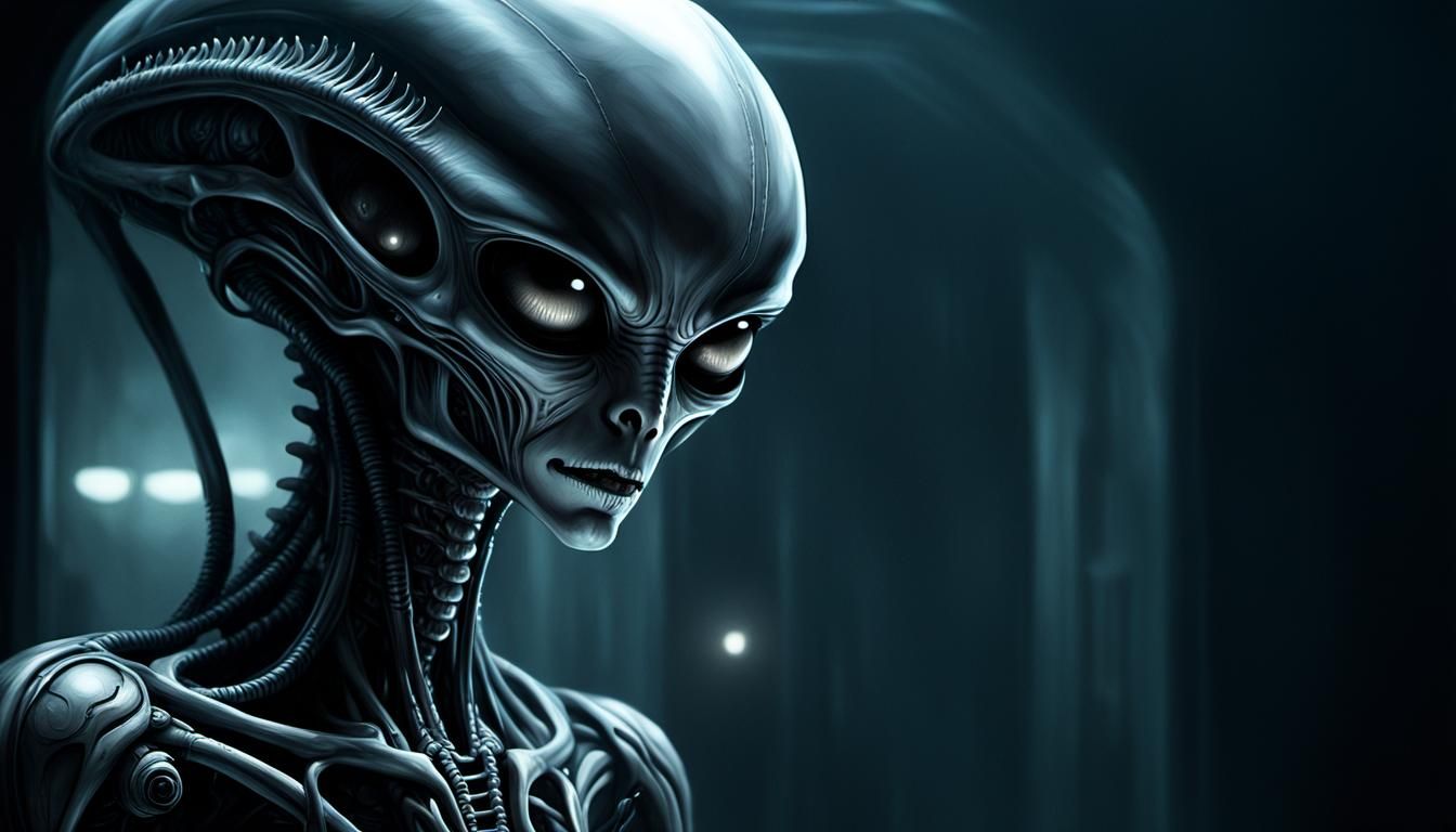 Grey Alien in Biomechanical Style Digital Painting