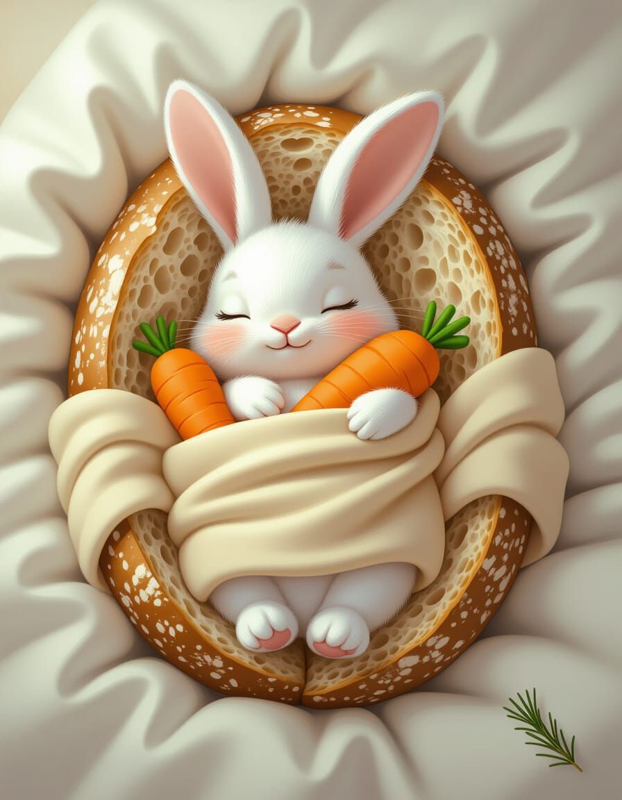 Sleeping Bunny in Bread Blanket, CGI Painting