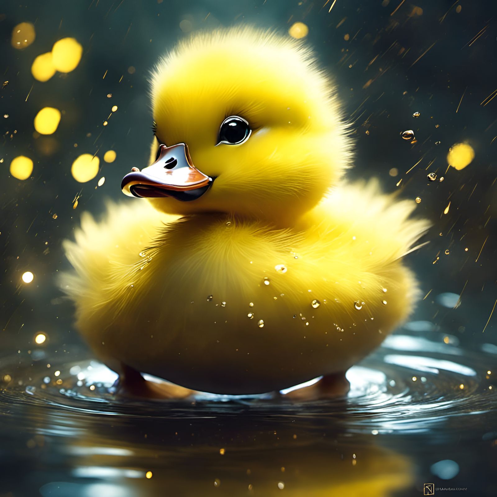 Chibi Duckling in River with Fireflies, Detailed 3D Render