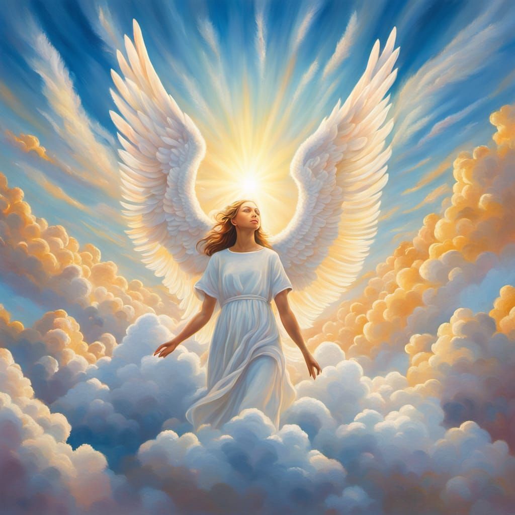 Serene Angel in Heaven: A Surreal Oil Painting