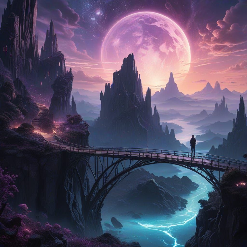 Figure on Crystal Bridge Over Bioluminescent City in Nebula ...