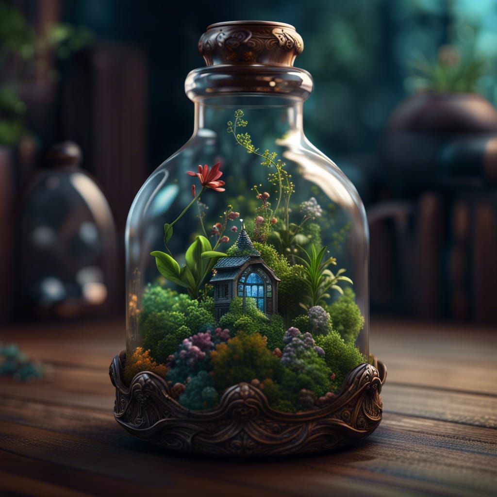 Ornate Glass Bottle Terrarium: Detailed Matte Painting