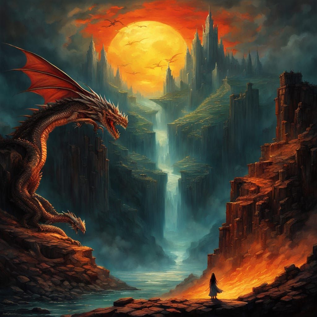 Epic Fantasy Heroine with Dragons and Sunset