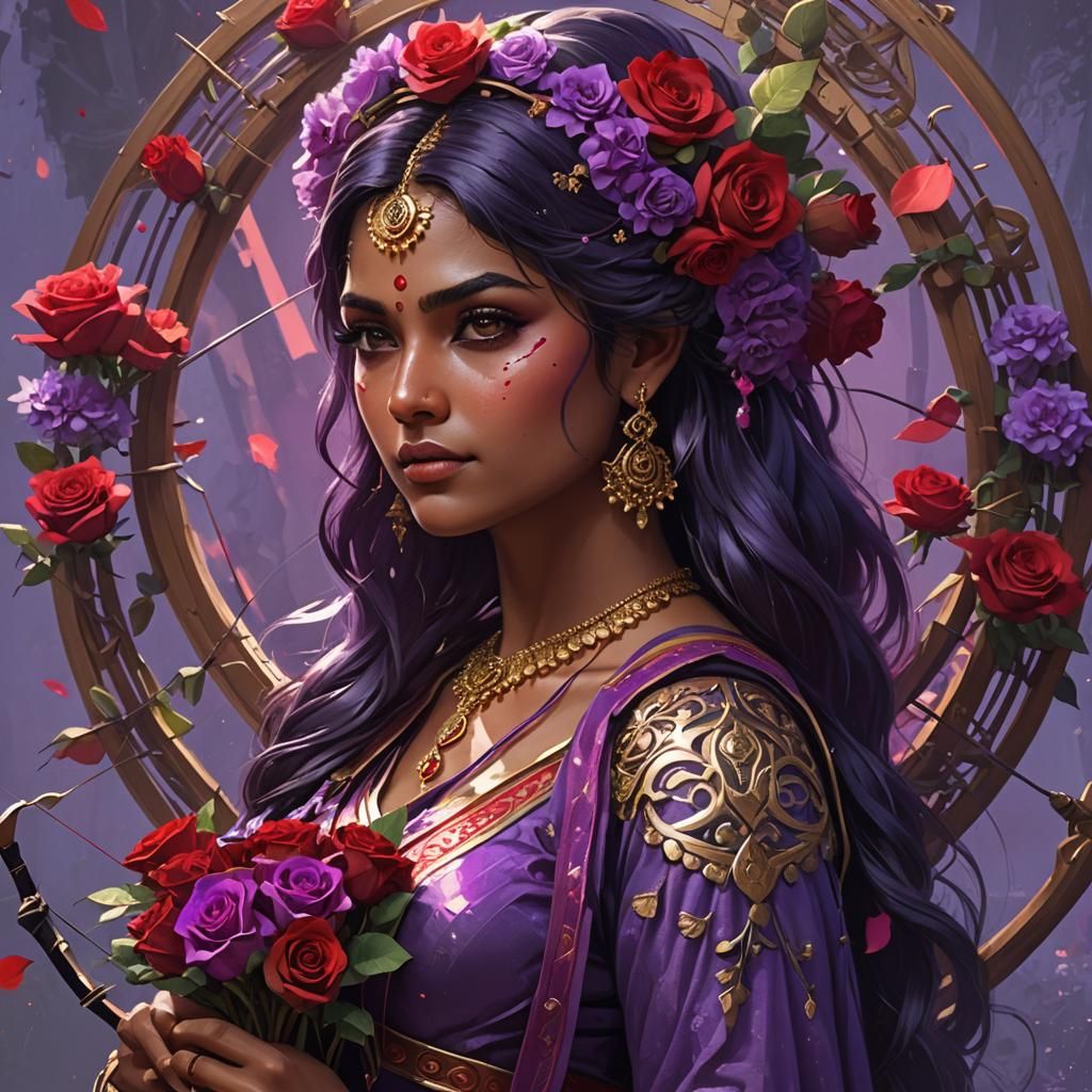 Archery telugu bride in purple with red roses