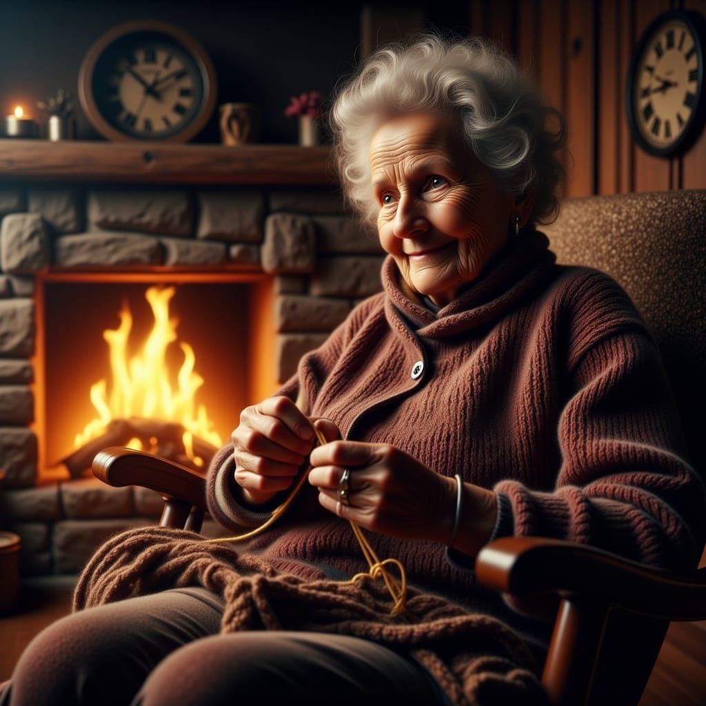 Hyperrealistic Image of an Old Woman Knitting