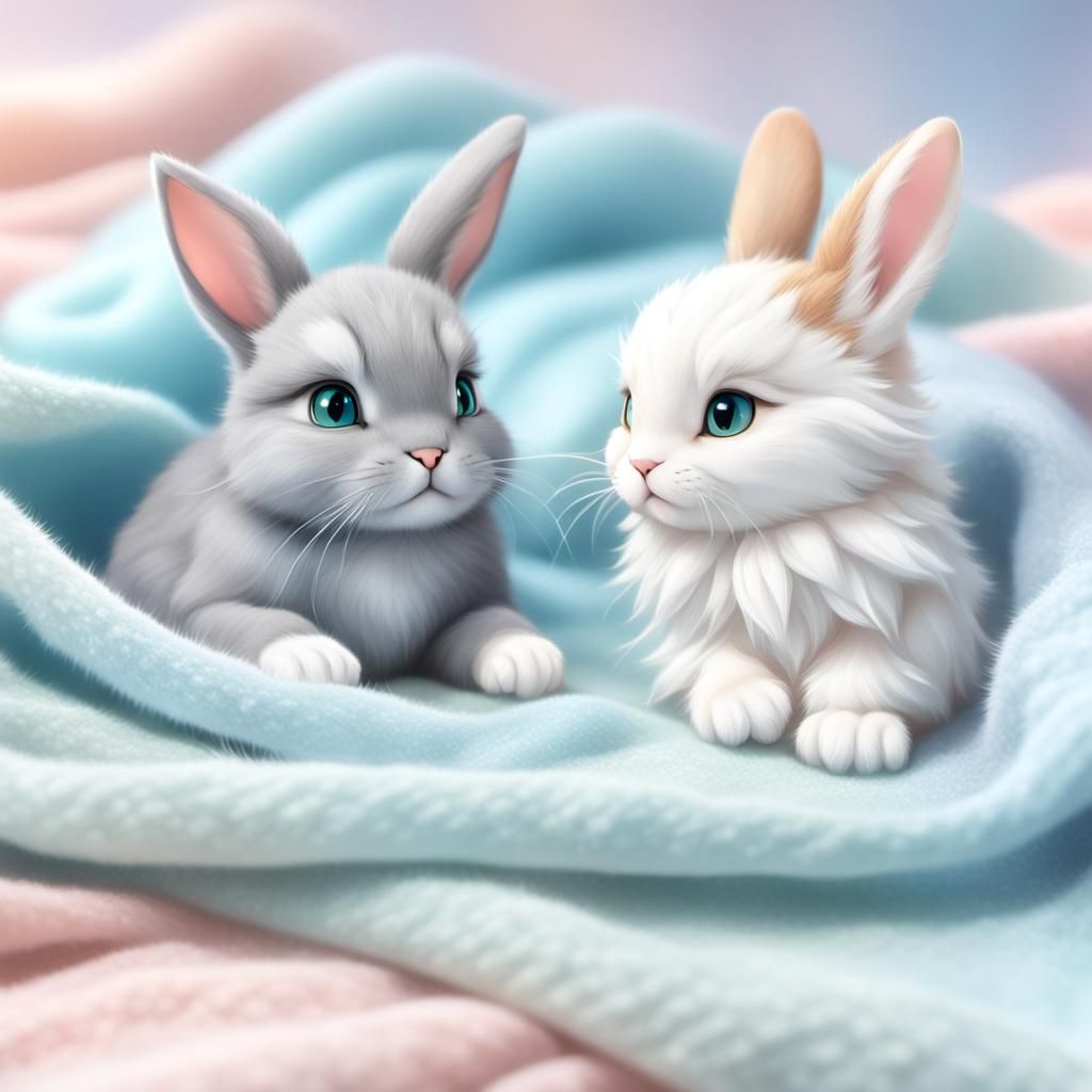 Adorable Rabbit and Kitten in 3D Anime Art
