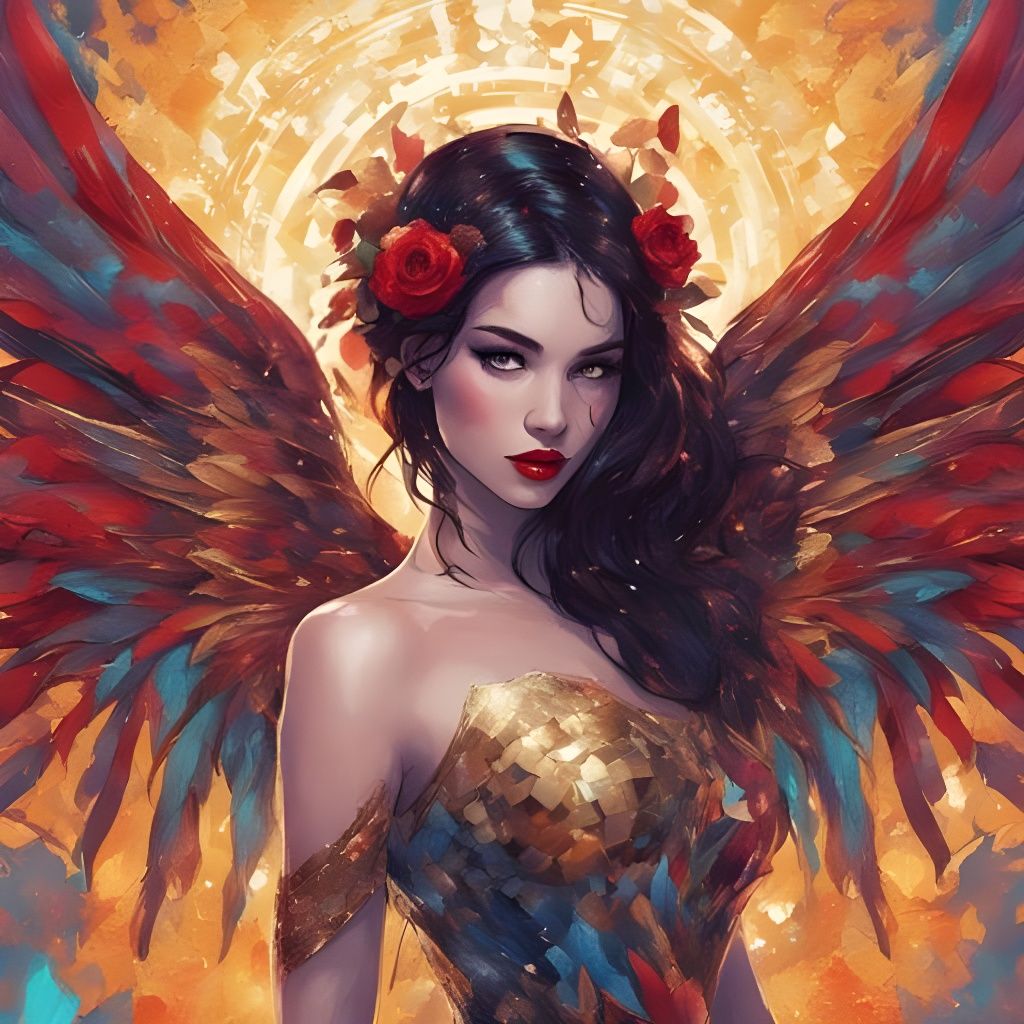 Mosaic Portrait of Dark-Haired Angel with Wings