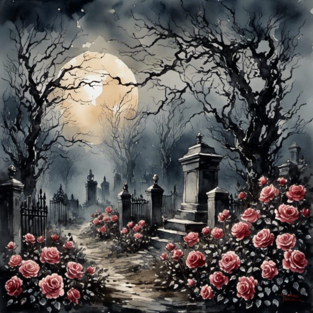 Moonlit Graveyard with Roses in Watercolor Style