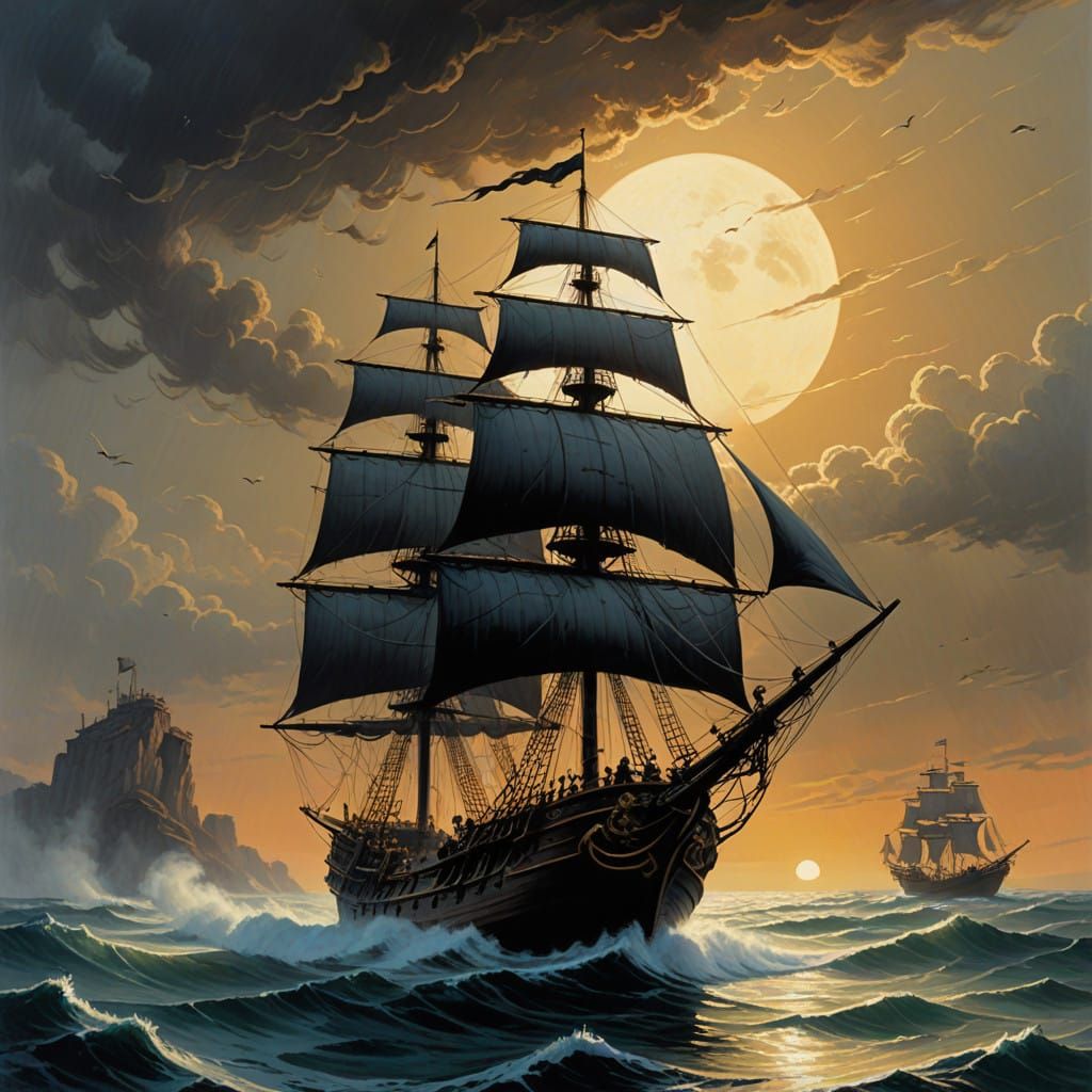 Pirate Ship Unleashes Blazing Cannons in Turbulent Seascape