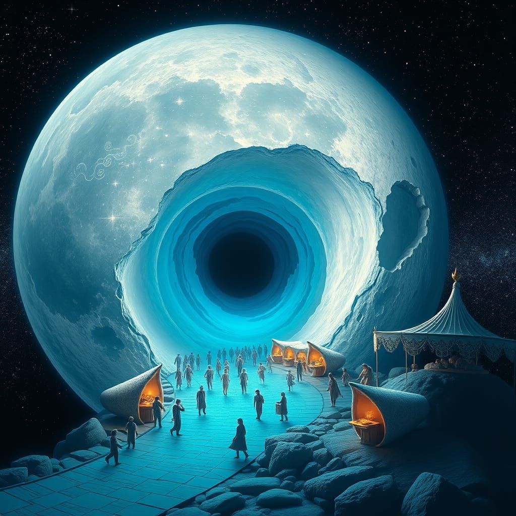 Surreal Cosmic Market Unfolds Beneath the Giant Moon