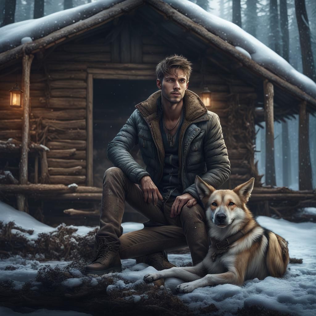 Icy Forest Hut with Handsome Man and Dog