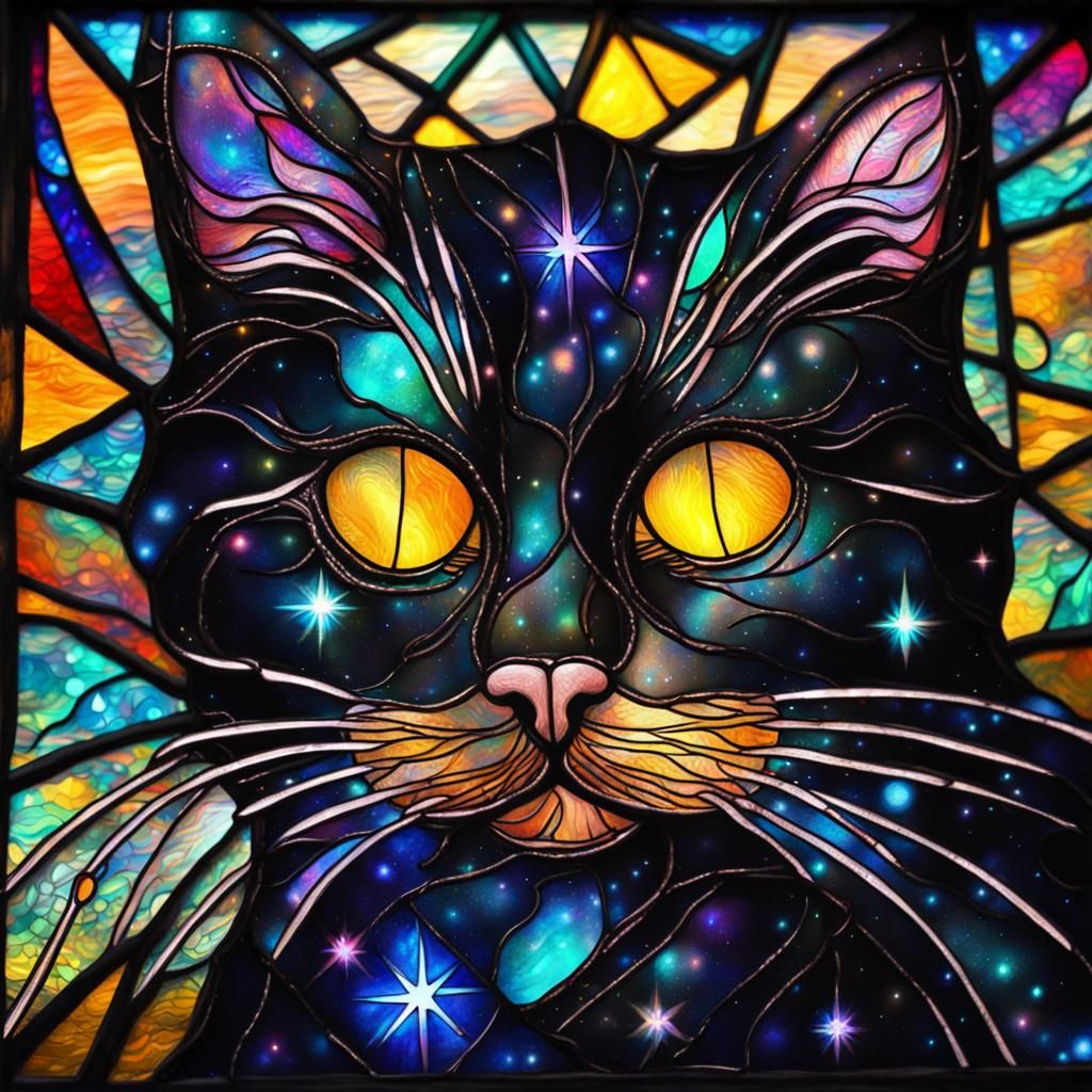 Stained Glass Black Cat Starry Night Holographic Illustratio...