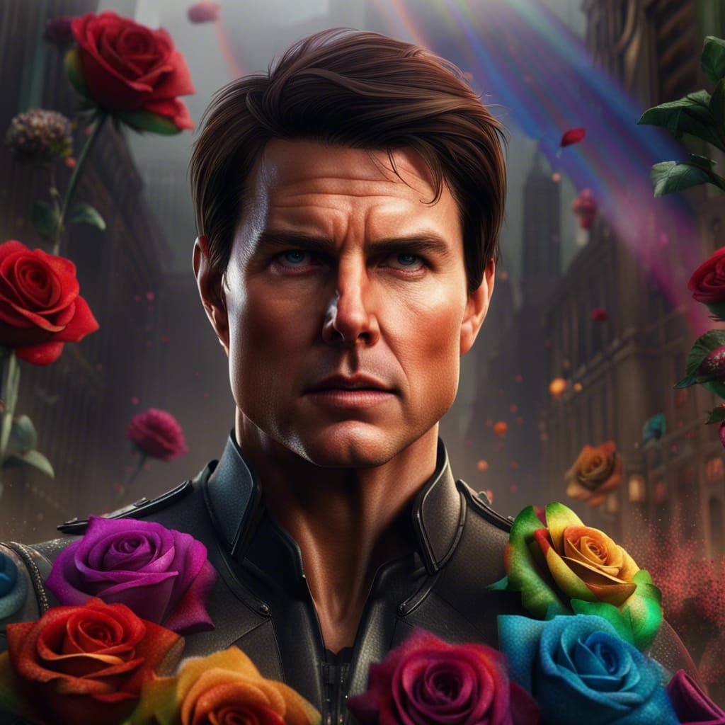 Tom Cruise Portrait with Rainbow Roses, Detailed Matte Paint...