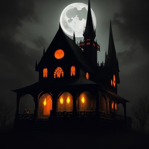 Spooky Halloween House with Jack-o'-Lanterns in Dark Fantasy