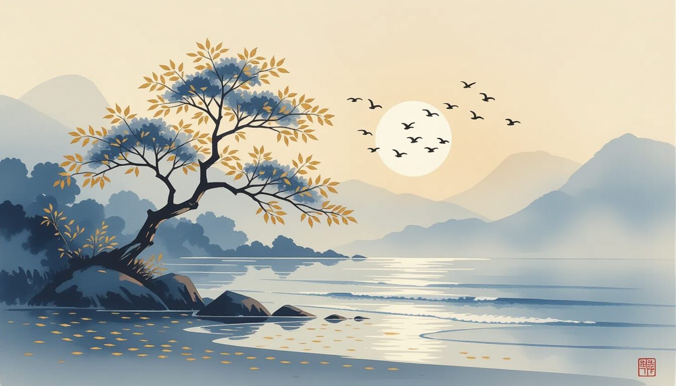 Serene Shore Tree with Birds in Japanese Zen Style