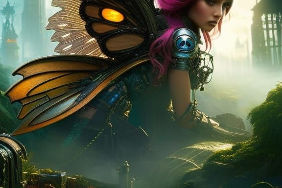 Cyberpunk Fairy in Steampunk Garden