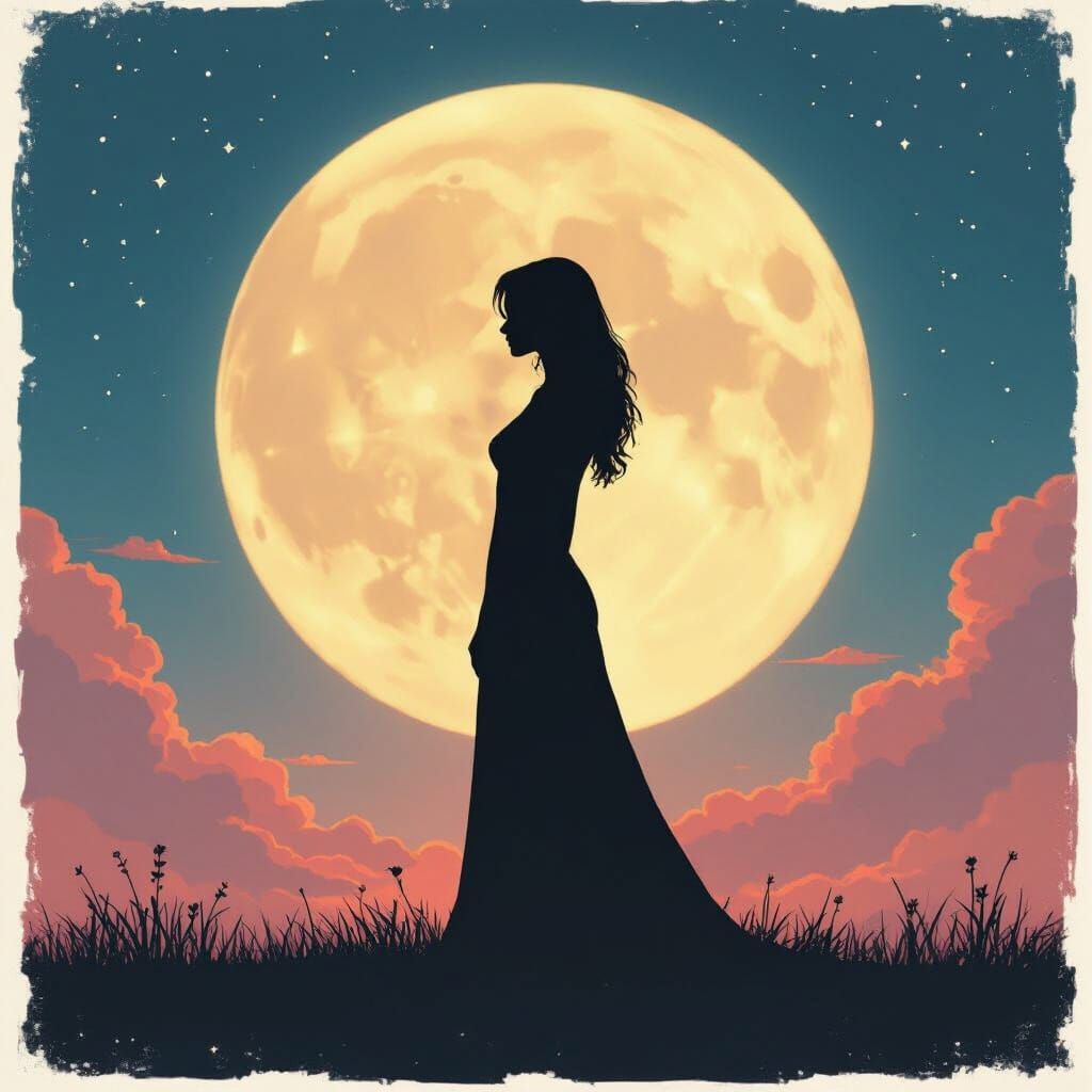 Mysterious Woman Silhouetted Against Dreamy Full Moon