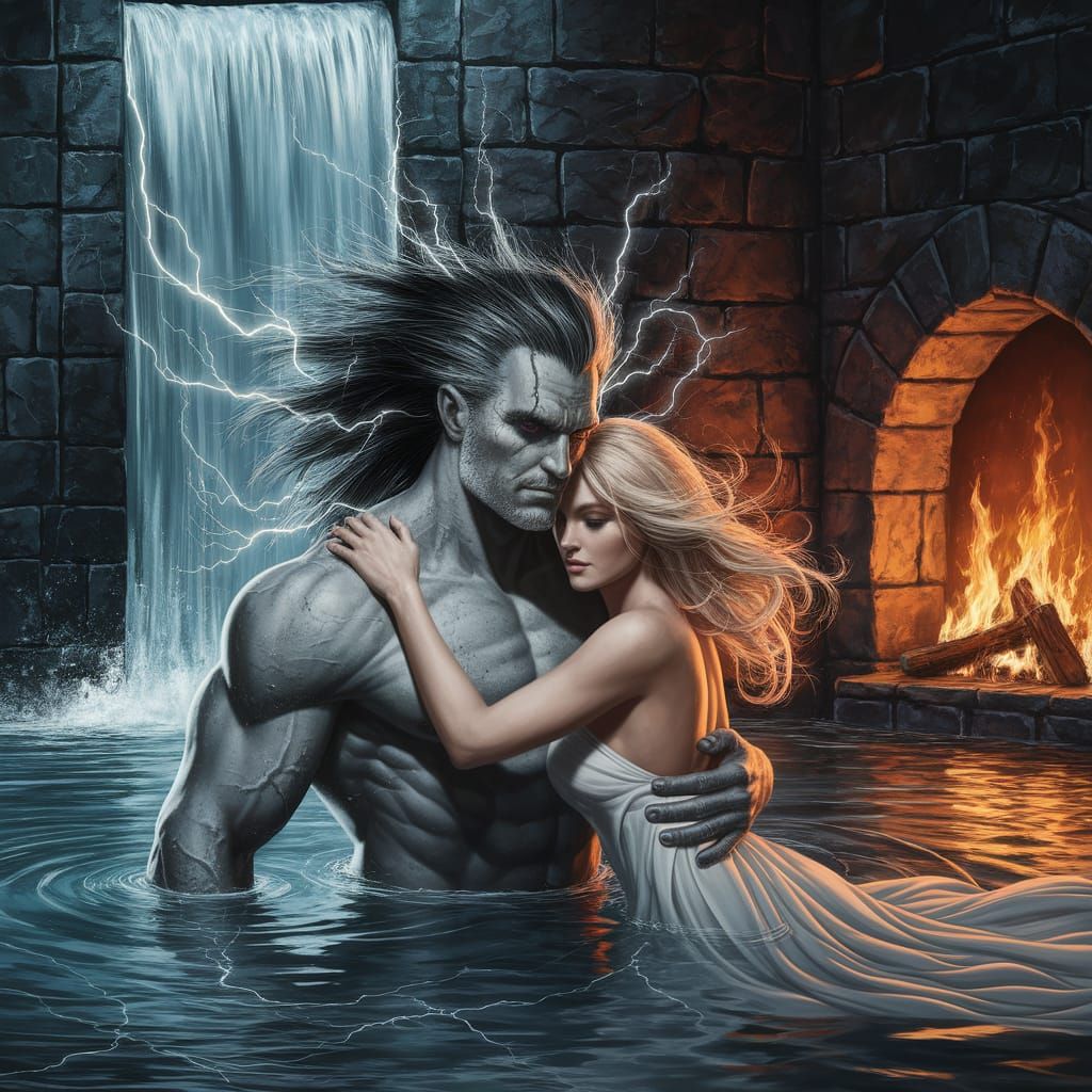 Medieval Knight Surrounded by Enchanted Lake and Waterfall i...