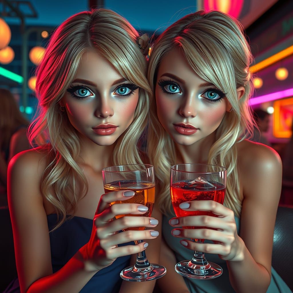 Blonde Sisters Enjoying Cocktails in Art Nouveau Style