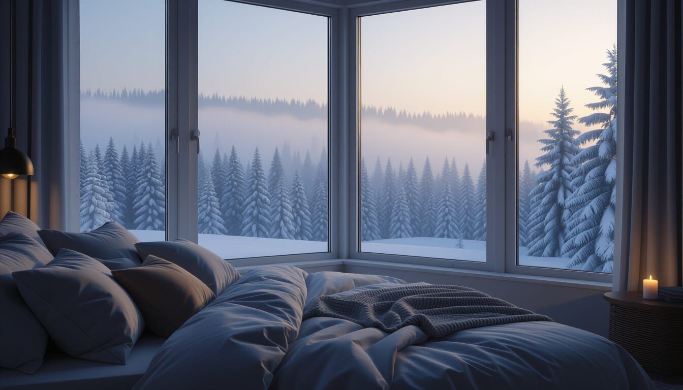 Cozy Bedroom Overlooking Snowy Forest at Dusk