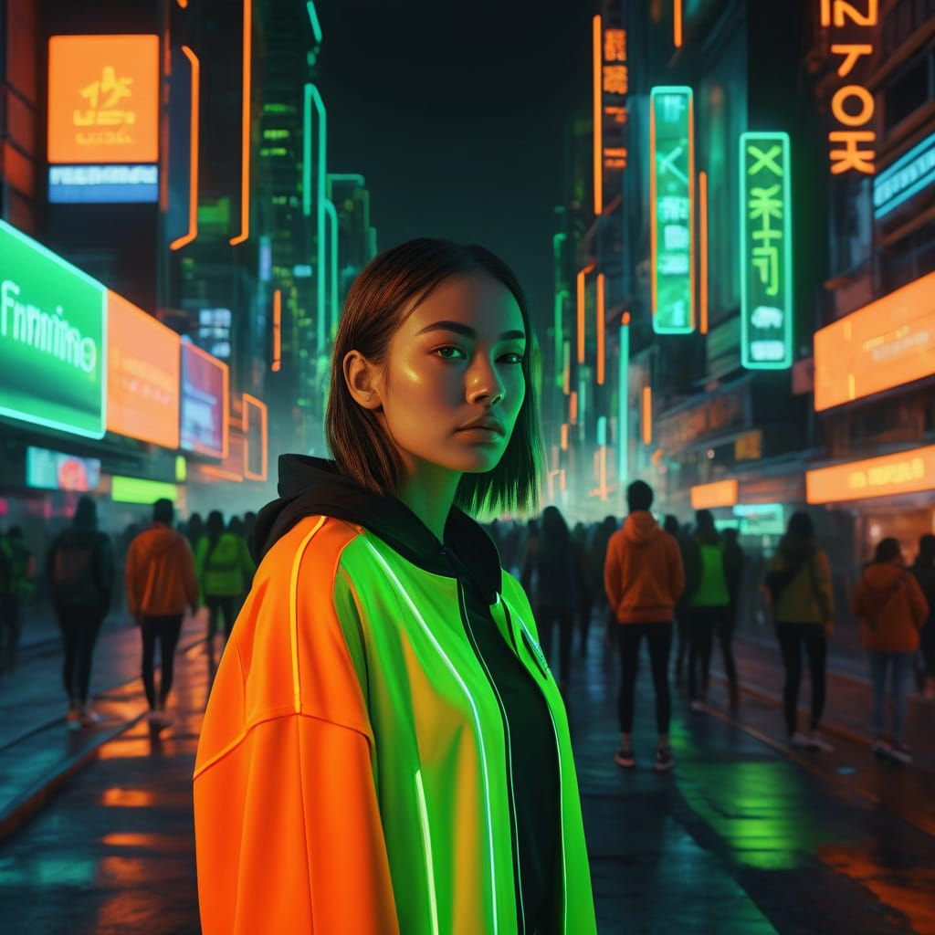 Neon Cityscape: Hyper-Realistic Digital Art of Young Woman