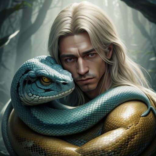 Intimate Portrait of Human and Serpentine Alien in Tender Em...