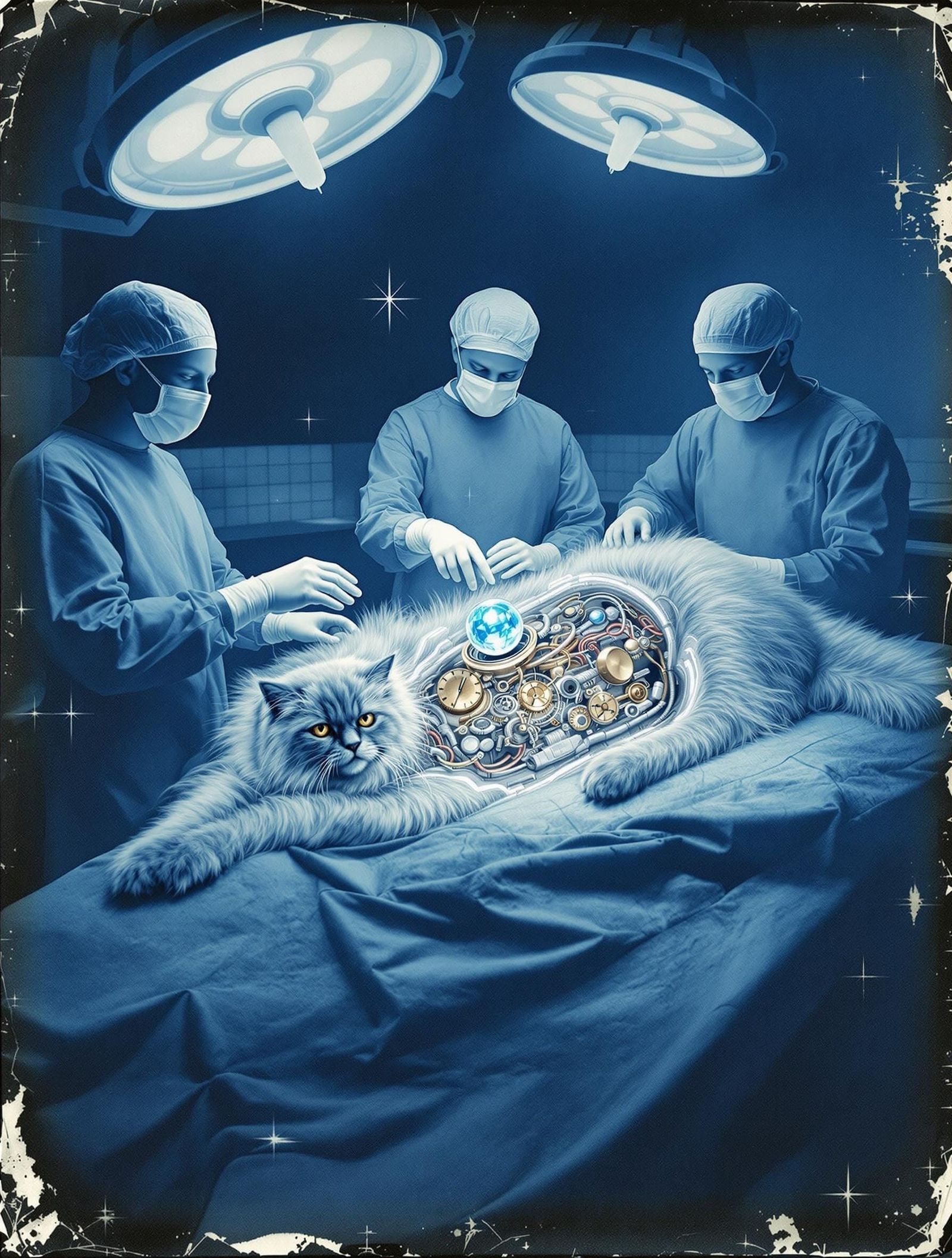 Surreal Surgical Theater with Giant Clockwork Cat