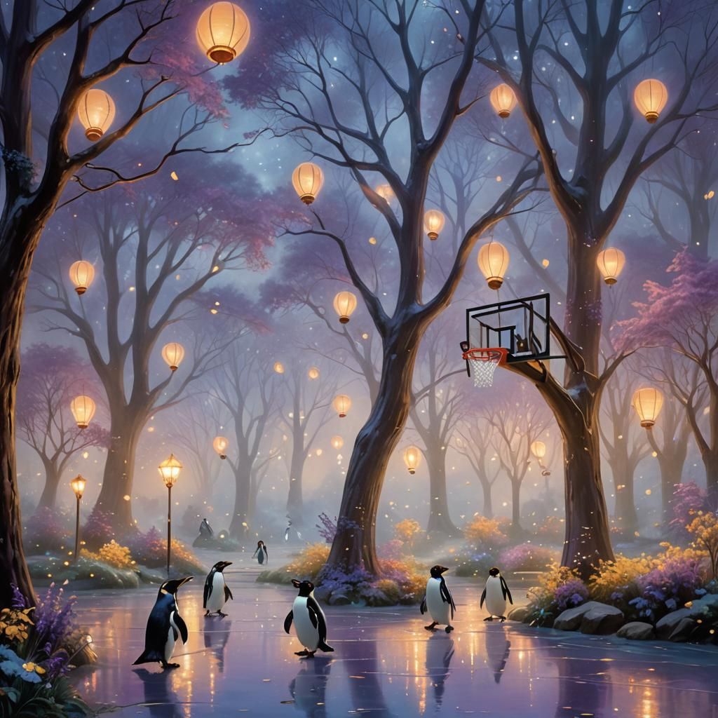 Penguins Play Basketball in Ethereal Fantasy Landscape