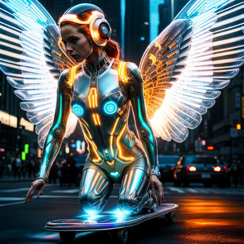 Holographic Cyborg Angel Skates in Urban Jungle