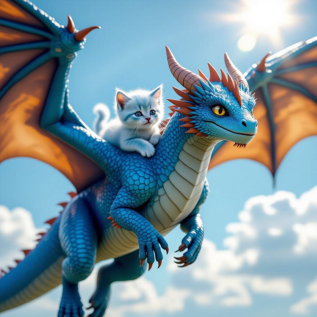 Majestic Blue Dragon with Kitten in Flight