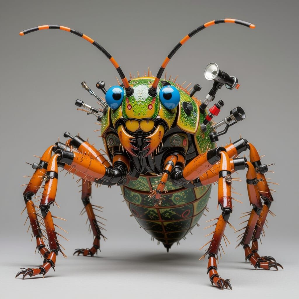 Giant Biomechanical Insect Creature with Neon Eyes