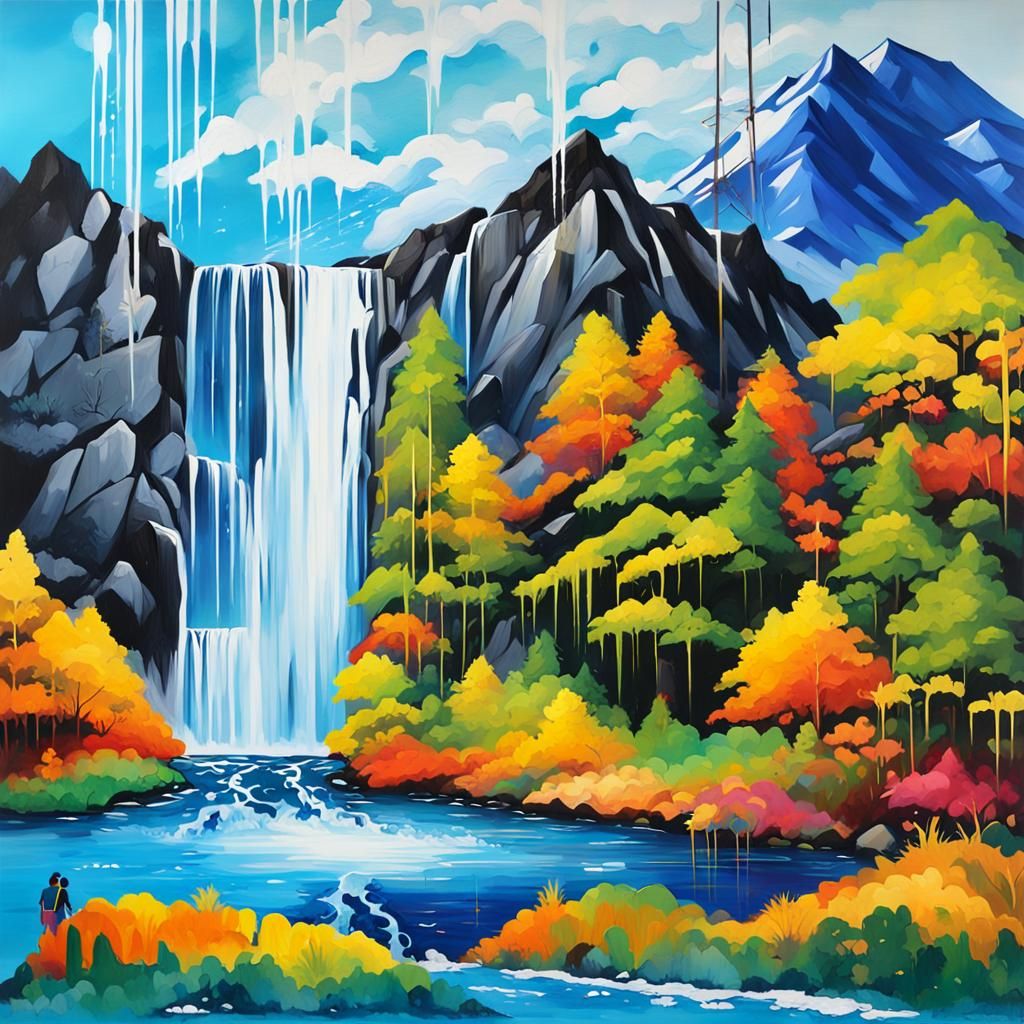 Colorful Waterfall and Mountains in Graffiti Style