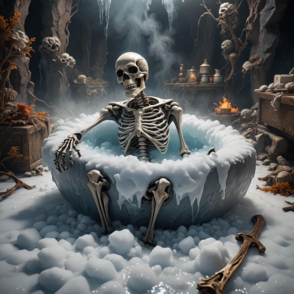 Skeleton in Icy Dry Ice Bath, Detailed Digital Art