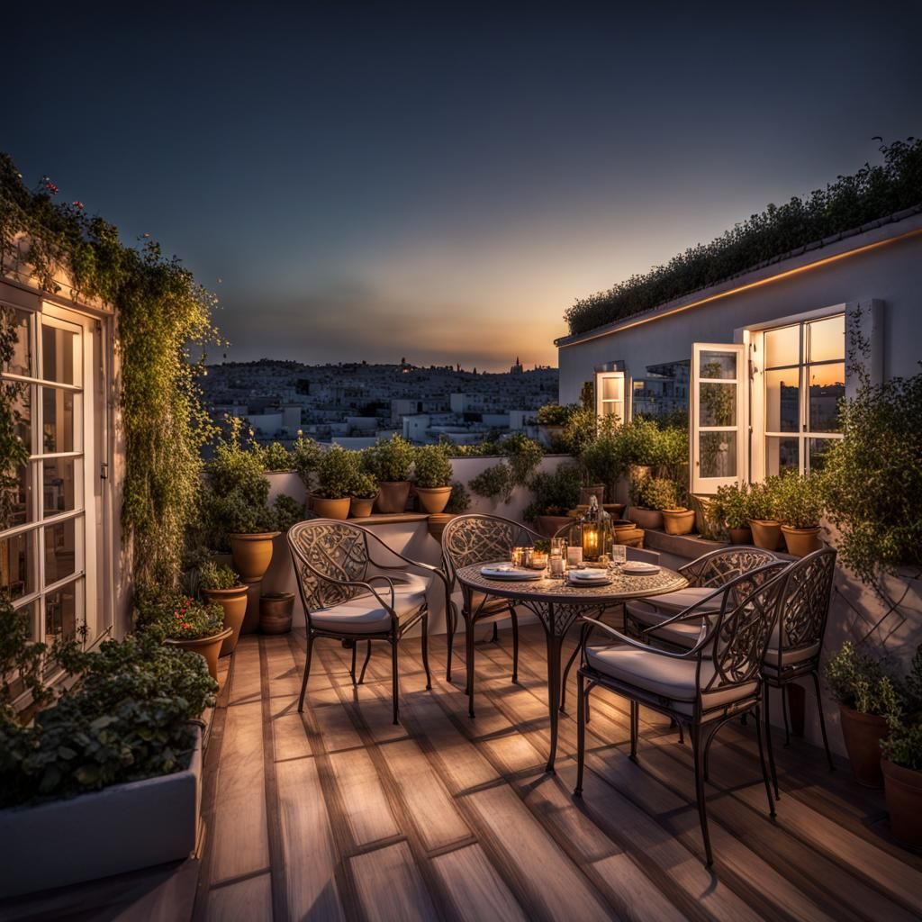 Mediterranean Rooftop Terrace at Night in HDR